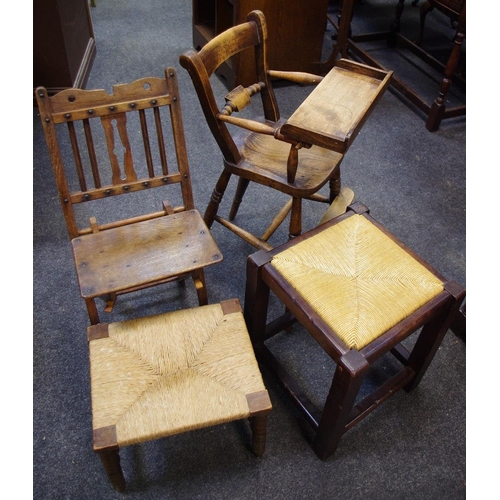 460 - A late Victorian beech child's chair; a child's oak folding chair; a raffia seated oak stool, bobbin... 