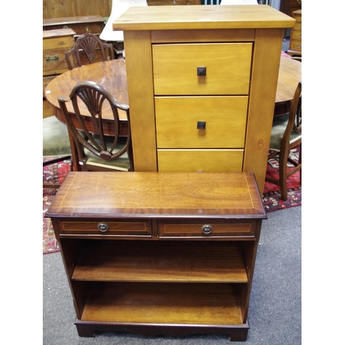 461 - A reproduction mahogany bookcase, crossbanded top, two short drawers over shelving; a modern tall ch... 