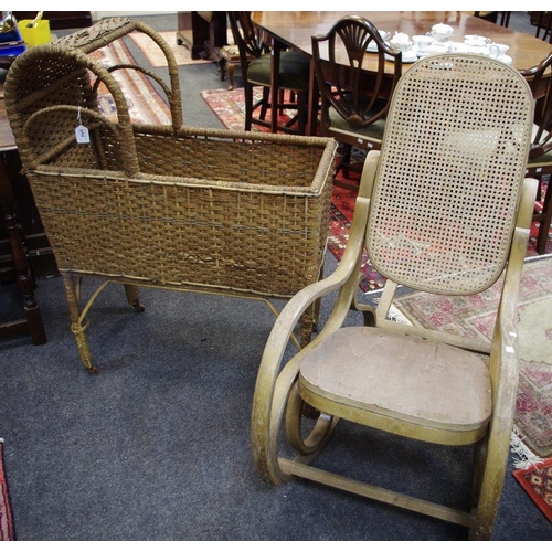 495 - A woven wicker cot on castors; a bentwood chair (2)