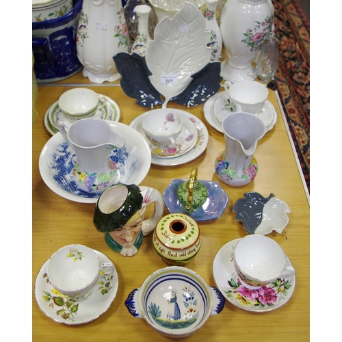 501 - A pair of Carlton ware jugs; leaf dishes; Limoges miniature teapot; Staffordshire teacups and saucer... 