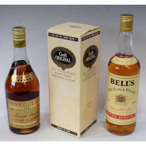 51 - A bottle of Bell's Scotch Whisky, 75cl; a Napoleon VSOP 667ml brandy; a bottle of Croft Original cre... 