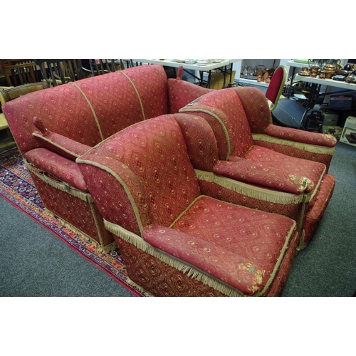 521 - A three piece suite comprising Knole three seat sofa and two armchairs, circa 1900