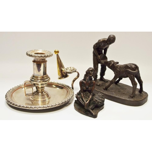 63 - A small bronze figure of a seated ballet dancer; a Heredities bronzed model of a young boy feeding a... 