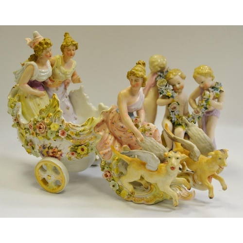 68A - A German porcelain table centrepiece,  as a chariot with winged beasts, c.1880; a Sitzendrof group o... 