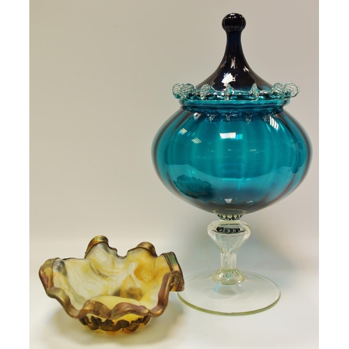 71 - A metal mounted art glass dish, signed KB; a blue glass sweetmeat vase and cover (2)