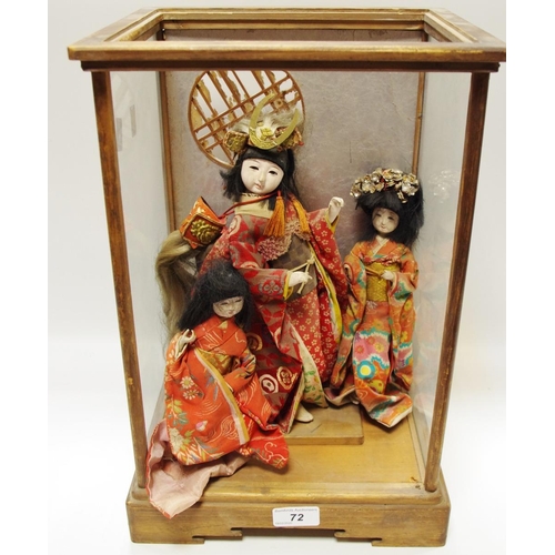 72 - Three Japanese dolls in display case