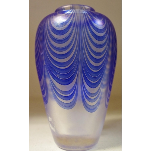 74 - A Sanders and Wallace iridescent ovoid vase, with blue trailed swag decoration on an opaline ground,... 