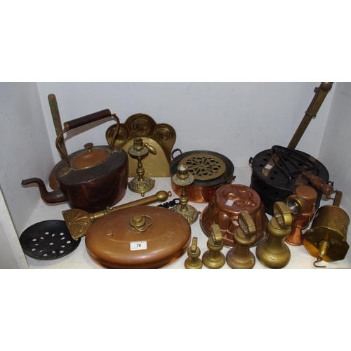 76 - Metalware- copper kettle; brass candlesticks; warming pan; jelly mould; crumb tray; etc