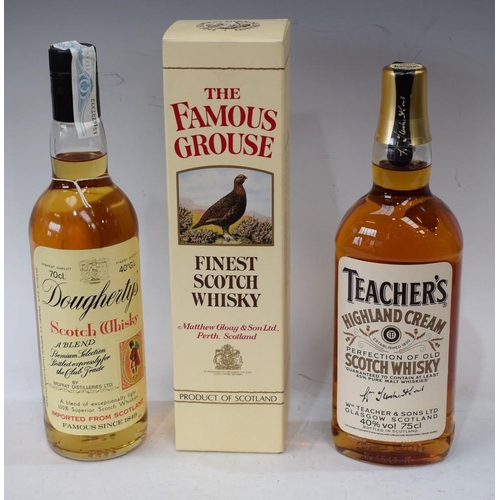 55 - A bottle of Famous Grouse Scotch Whisky, 75cl, boxed; a Teachers Highland Cream, 75cl; a Dougherty's... 