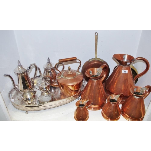 83 - Metalware - copper graduated jugs; Graffon half gallon; copper kettle; silver plated tray, etc