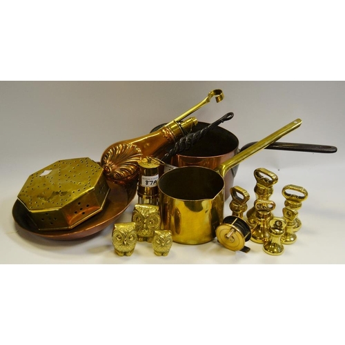 87A - Brass and copper - shot flask; brass fishing reel; chestnut toaster; pans, etc