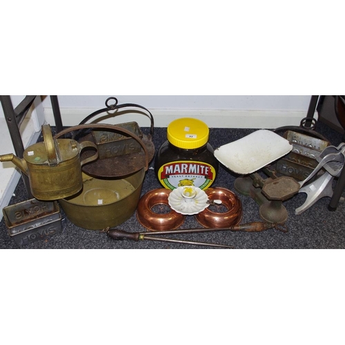 93 - Advertisement & Kitchenalia - six Hovis bread tins; a substantial Marmite jar; kitchen scales; juice... 