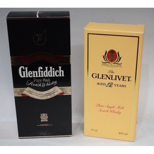 60 - A Bottle of Glenlivet, aged 12 years, single malt scotch whisky, 37.5cl, boxed; another Glenfiddich,... 