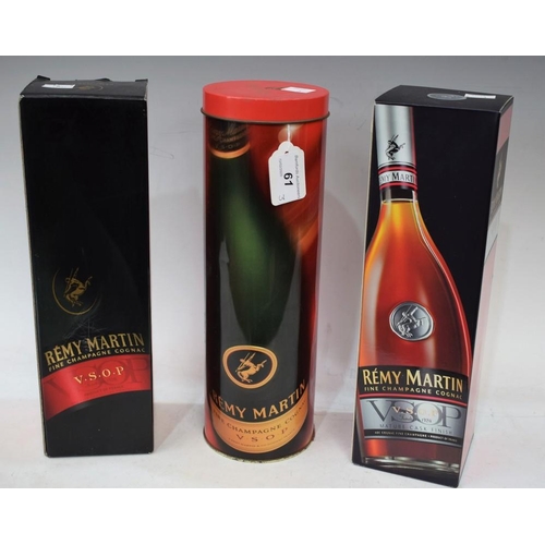 61 - A bottle of Remy Martin VSOP champagne cognac, 70cl; two others, similar; each in different packagin... 