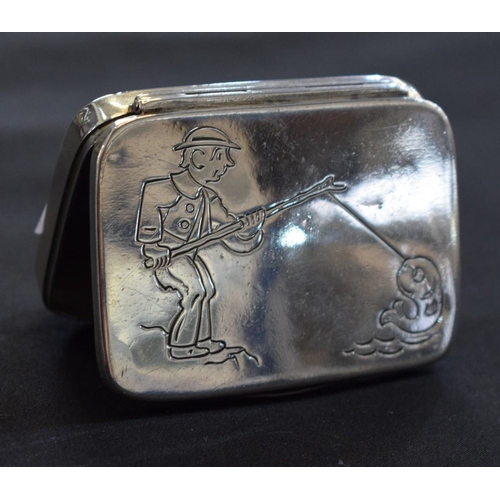 946 - An Edwardian silver novelty rounded rectangular vesta case/box, hinged cover engraved with a fisherm... 