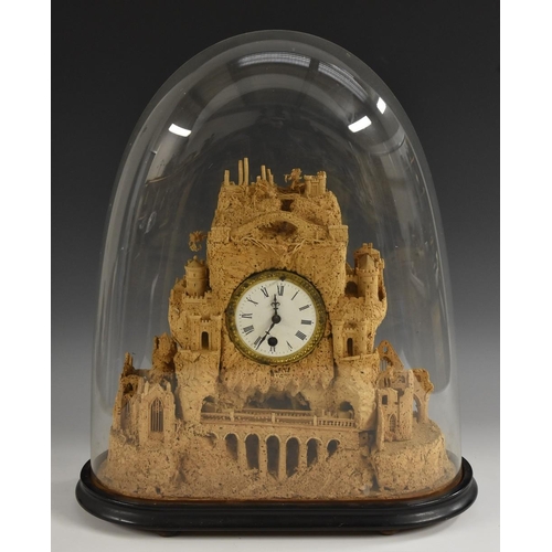 3077 - A 19th century novelty cork mantel clock, as a fanciful mountainous landscape with Romanticised ruin... 