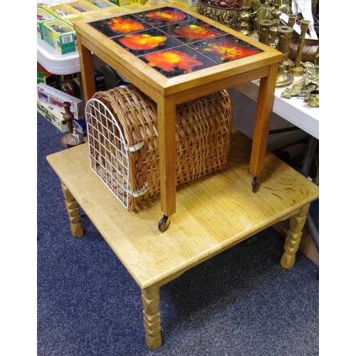 114 - A contemporary pale oak coffee table, naively carved legs, approx 70cm square; a 20th Century oak fr... 