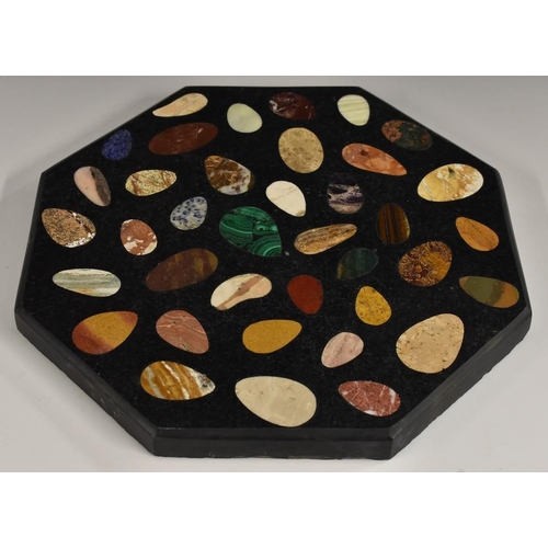 3296 - A pietra dura octagonal table-top stand, the field inlaid with egg-shaped reserves of specimen marbl... 