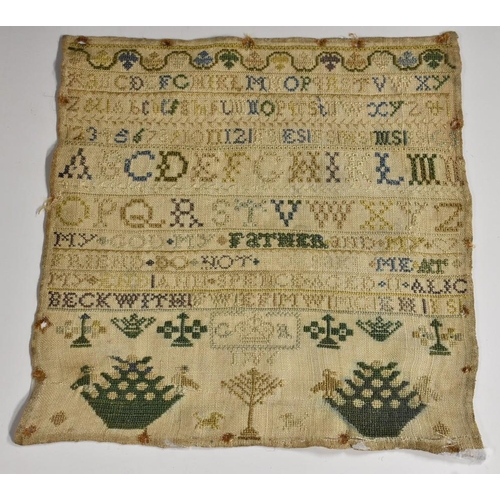 3422 - An early George III square needlework sampler, of small proportions, embroidered by Anne Spence, Age... 