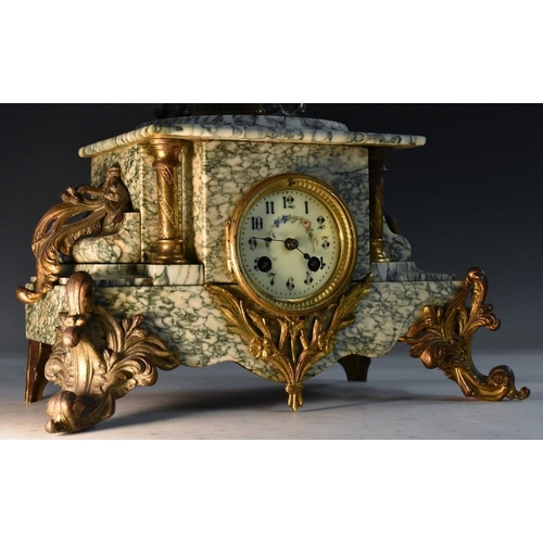 3467 - An unusual French gilt metal mounted veined marble cartographic library clock, 8cm dial with Arabic ... 