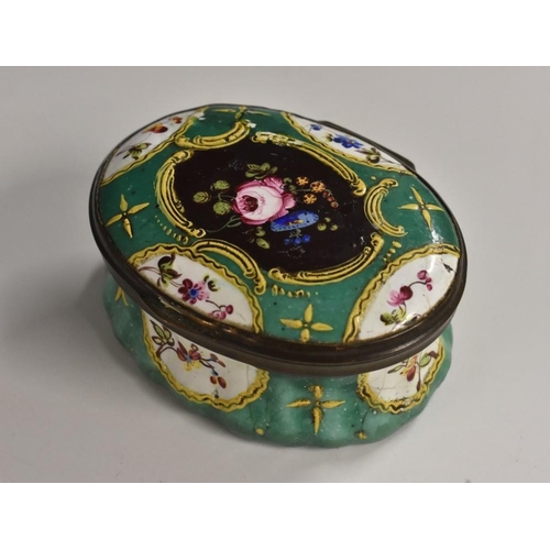 3582 - A George III South Staffordshire enamel oval patch box, the hinged cover enclosing a mirror plate, p... 