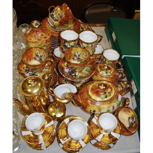 383 - A Marquis Fine China Waggon Days pattern dinner and tea set comprising tea pot, sucrier and milk jug... 