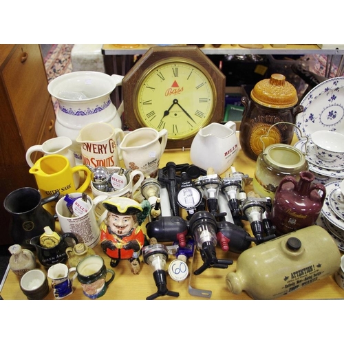 390A - Breweriana - Bass wall clock, assorted water jugs; others etc