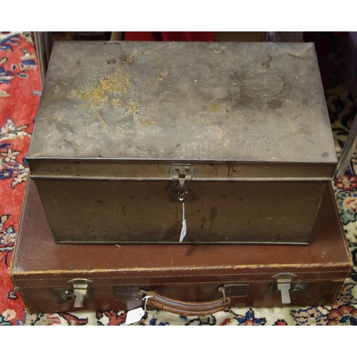 394 - Vintage luggage - a suitcase and similar valise, a tin deed type box (3)