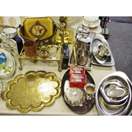 409 - Metalware - a brass table lamp, another smaller; stainlesse steel serving dishes; a brass jam pan; a... 