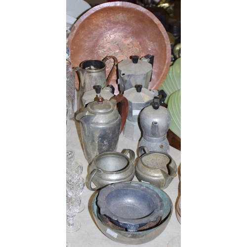 413 - Metalware - a Howard pewter coffee pot, creamer and sucrier; Crosinallo coffee percolators; pewter d... 