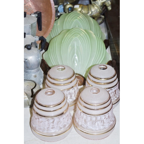 414 - A pair of Art Deco wall lights, green glass shades, metal structure in the form of a flower, four gl... 