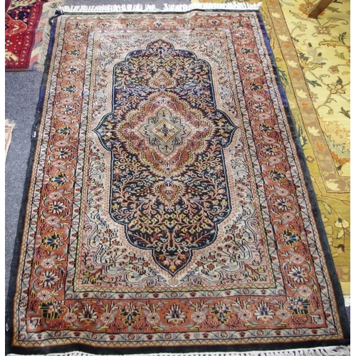 417 - A Persian silk rug in tones of blue and red, 158cm x 96cm