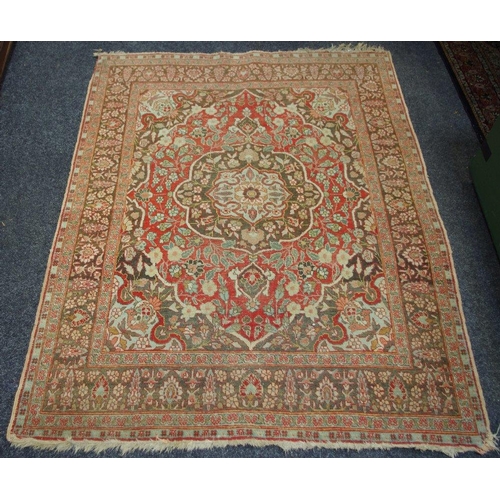 437 - A rectangular garden carpet/rug, red brown and blue ground