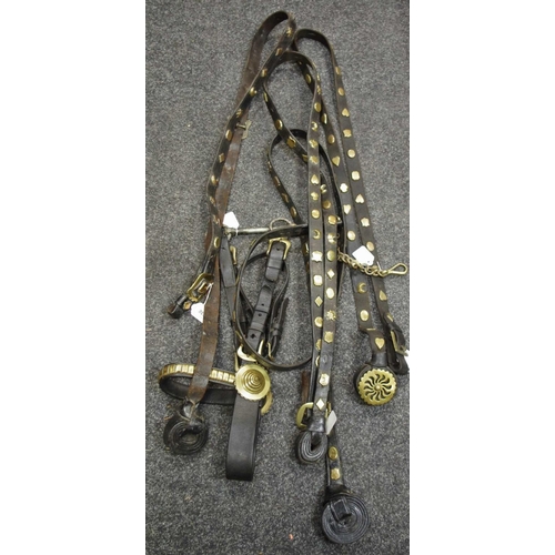 438 - Four leather horse reins with brass embellishments; a conforming bridle. c.1900