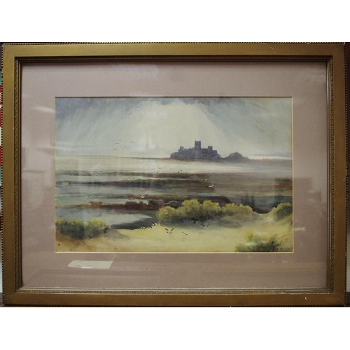 448 - K.M.Jones Bamburgh Castle, watercolour,framed 50cm x 33cm