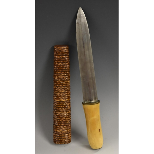 3740 - A Southeast Asian dha type dagger, probably Burmese, 21.5cm double-edged blade, wicker-bound scabbar... 