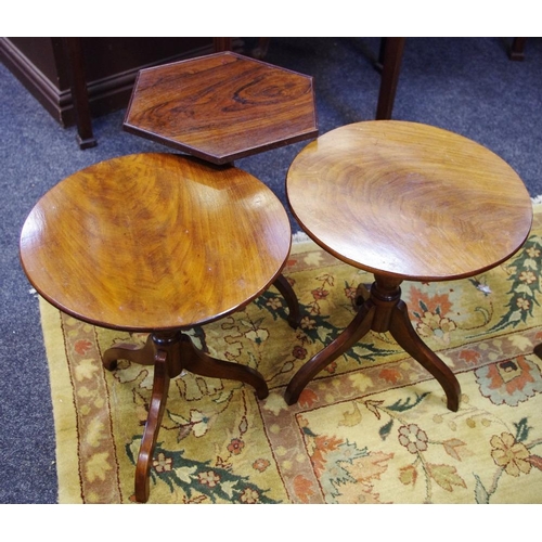 503 - A pair of mahogany circular tripod side table; another rosewood and mahogany hexagonal side table (3... 