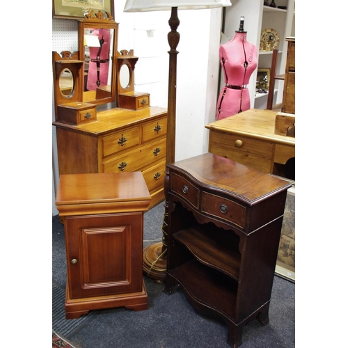 505 - A mahogany standard lamp; serpentine hall unit; reproduction bedside cabinet (3)