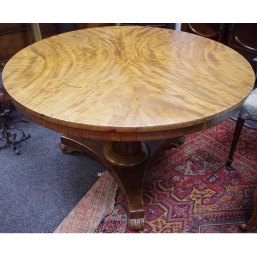 510 - A Victorian mahogany centre table, circular top, canon barrel column, round sockle, incurved trefoil... 