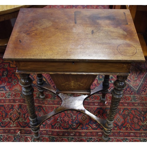 515 - A late Victorian mahogany sewing table, hinged cover, inlaid ''bag'' spiral fluted legs, X-frame str... 