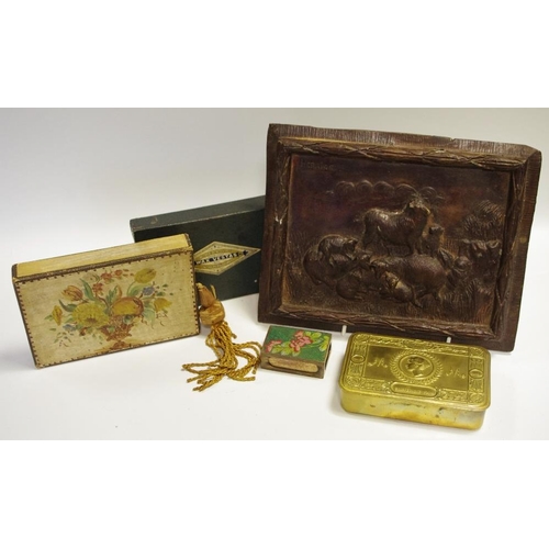 53 - A box R Bell wax vesta's, with contents; a bronze plaque, sheep and lambs; a Princess Mary Christmas... 