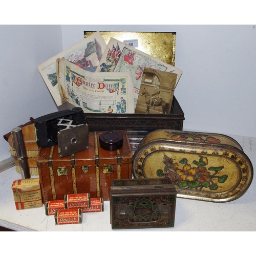 68 - Boxes and Objects - UNIVEX AF-4 folding miniature camera; a Huntley & Palmer biscuit tin decorated i... 