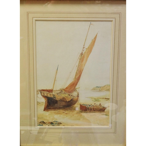 87 - W**Barker (19th century) Low Tide, with beached fishing boats signed, watercolour, 32cm x 22.5cm;  E... 