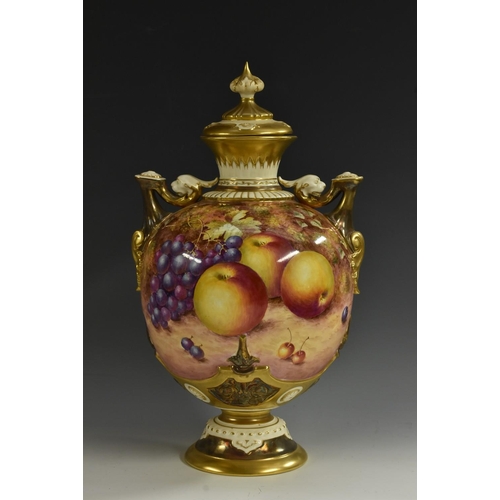 112 - A Royal Worcester two-handled pedestal ovoid vase and cover, painted by Freeman, signed, with ripe p... 