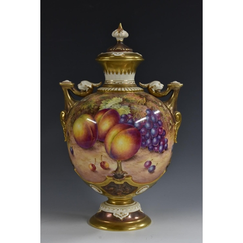 113 - A Royal Worcester two-handled pedestal ovoid vase and cover, painted by Freeman, signed, with ripe p... 