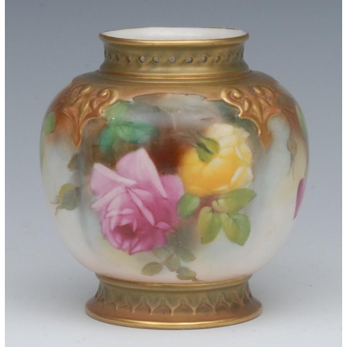 121 - A Royal Worcester lobed ovoid pot pourri vase, decorated with red and yellow roses, the neck in reli... 