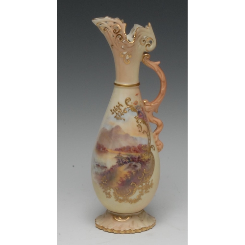 131 - A Locke & Co Worcester Named-View blush ivory ewer, Loch Achray, within a C and S-scroll reserve in ... 