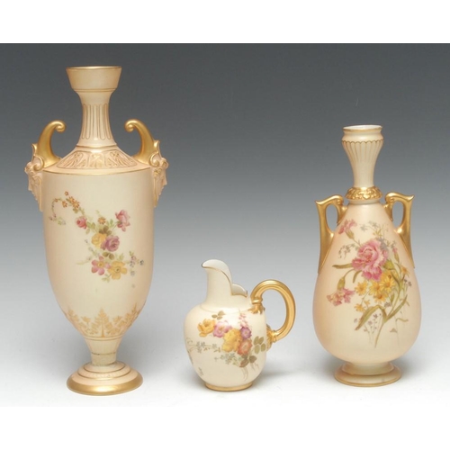 133 - A Royal Worcester blush ivory krater-shaped vase, painted with roses and hellebores, the shoulder mo... 