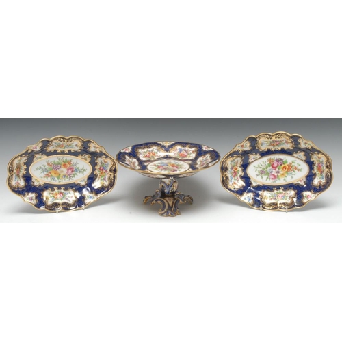 136 - A Royal Worcester dessert comport and a pair of shaped dishes, painted in the 18th century taste aft... 