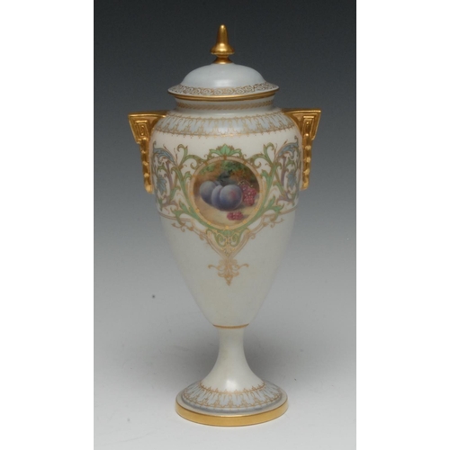 138 - A Royal Worcester pedestal vase and cover, painted by Horace Price, signed, with a reserve of ripe p... 